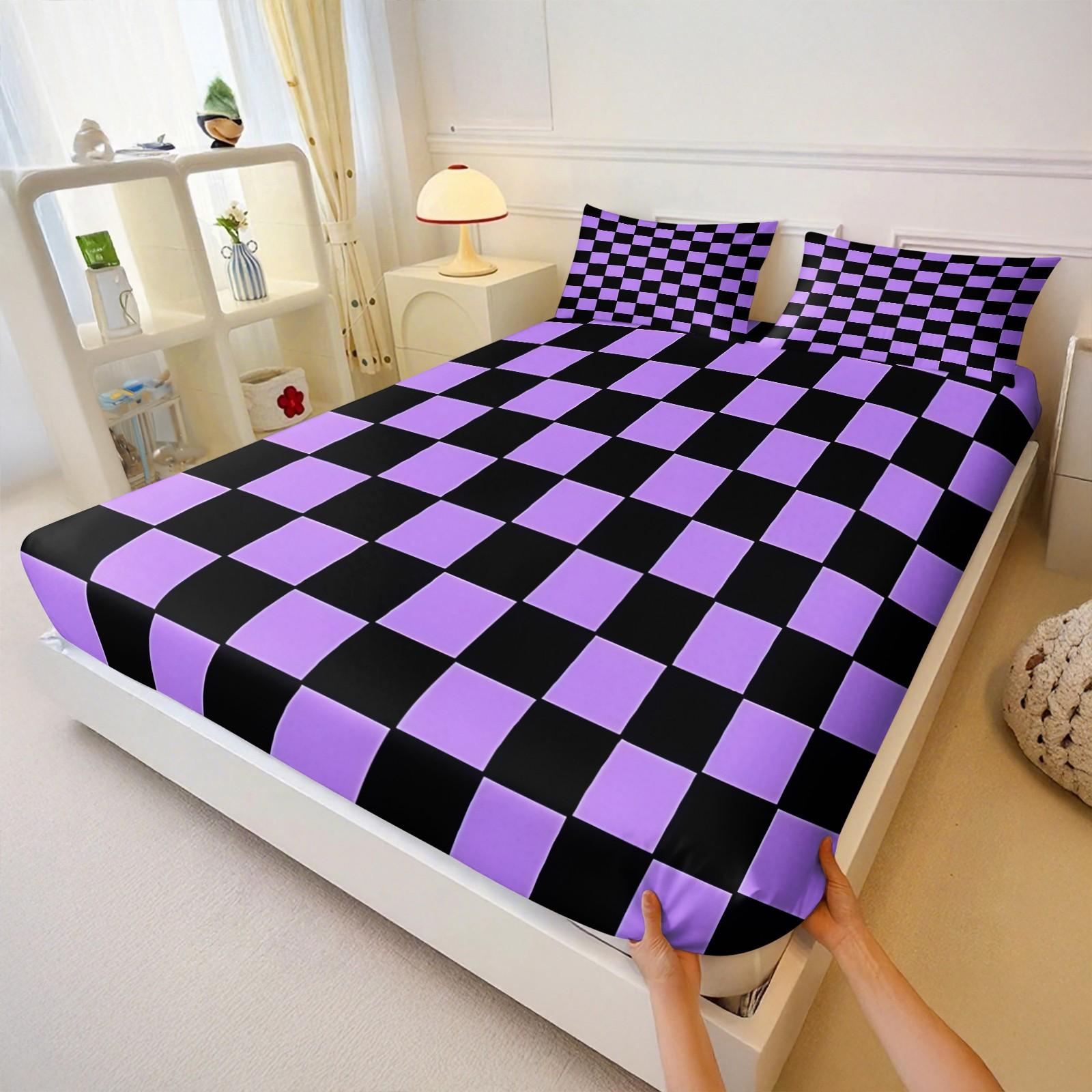 3 Pcs Geometric Plaid Print Fitted Sheet Set, Modern Minimalist Bedding Set, Soft Breathable Microfiber with HD Digital Print, Deep Pocket & Wrinkle Resistant, Ideal for Bedroom, Dorm, Guest Room, All Season Use