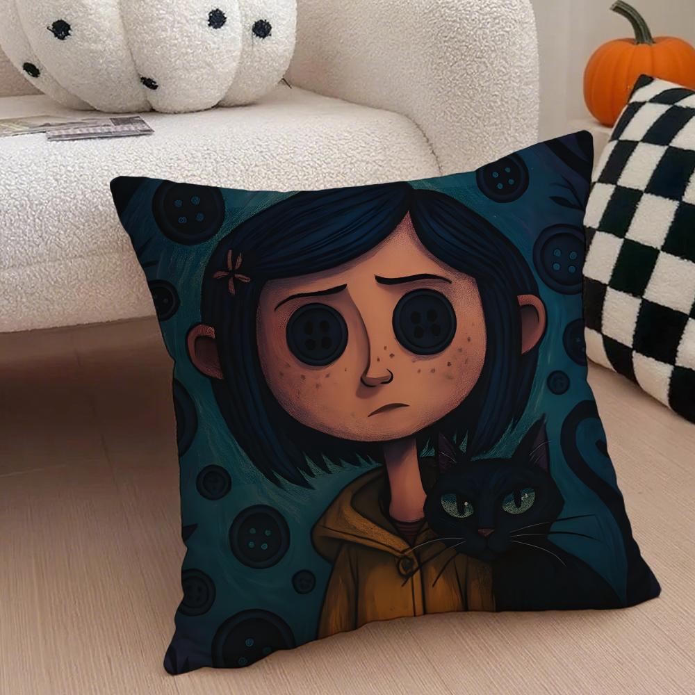 anime hot cute Coraline Pillow Case Anti-dustmite Pillowcase Sofa Cushion Cover with Invisible Zipper Silky Short Plush Polyester Microfiber Fabric White Available in Different Sizes for Home Bed Use