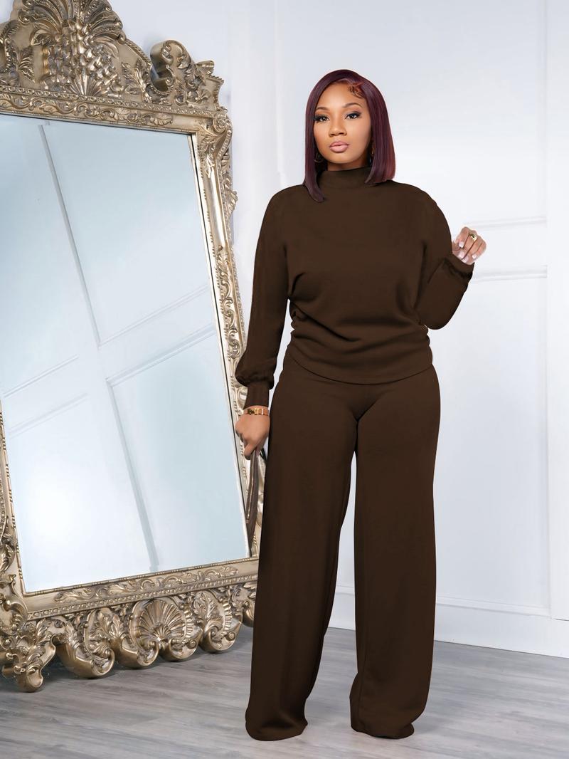 USBoutiqueCHIC Women's Chic Fall Winter Silky Soft 2-Piece Set - Long Sleeve Semi High Neck Loose Top & Wide Leg Pants, Casual Cozy Outfit for Daily Wear USBoutiqueCHIC Women's Chic Fall Winter Silky Soft 2-Piece Set - Long Sleeve Semi High Neck Loose Top & Wide Leg Pants, Casual Cozy Outfit for Daily Wear