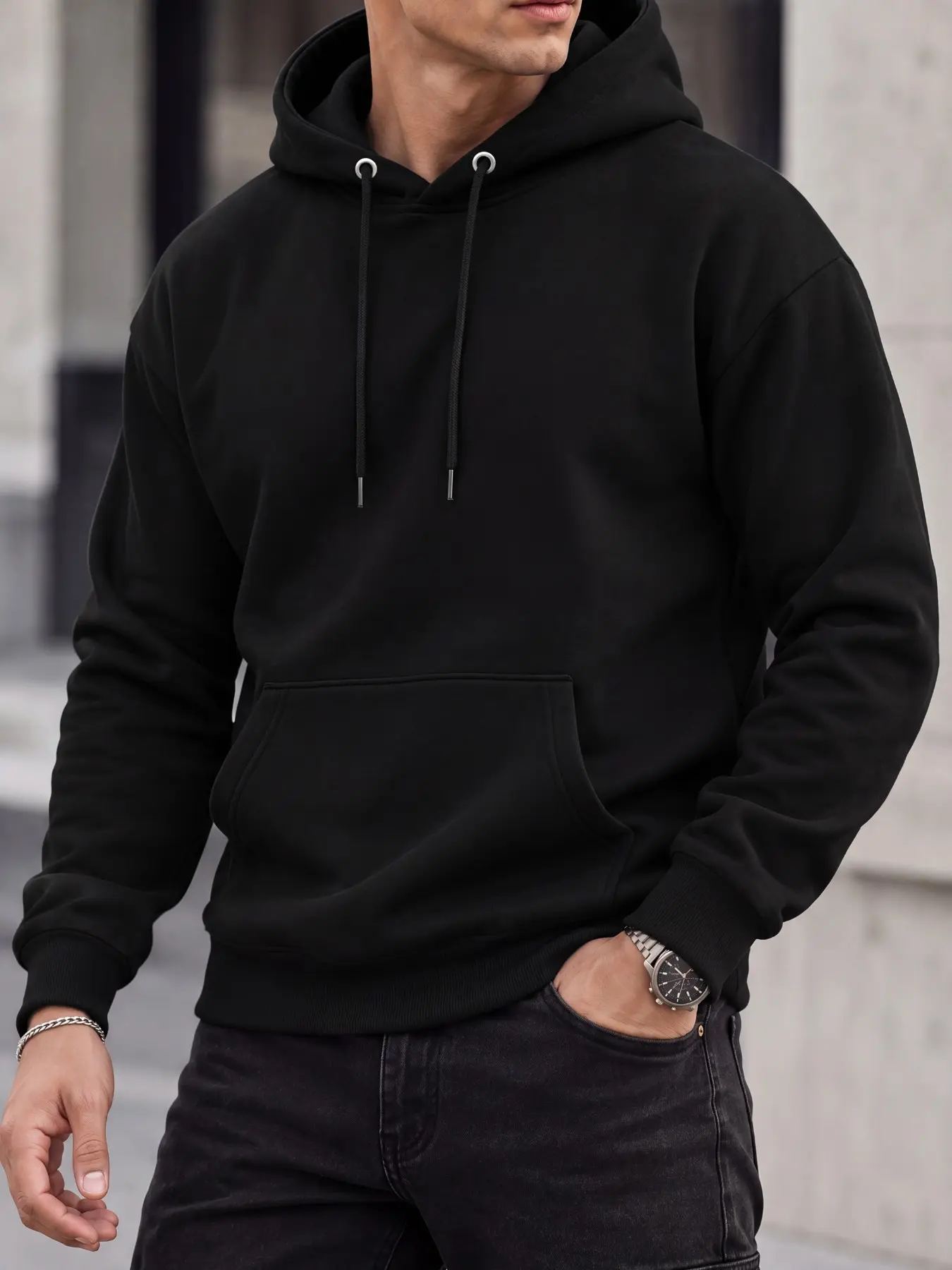 Men's Simple Basic Fitted Solid Color Hoodie, Plain Drawstring Hood Design, Casual Daily Commute Long Sleeve Top, Pullover Sweatshirt