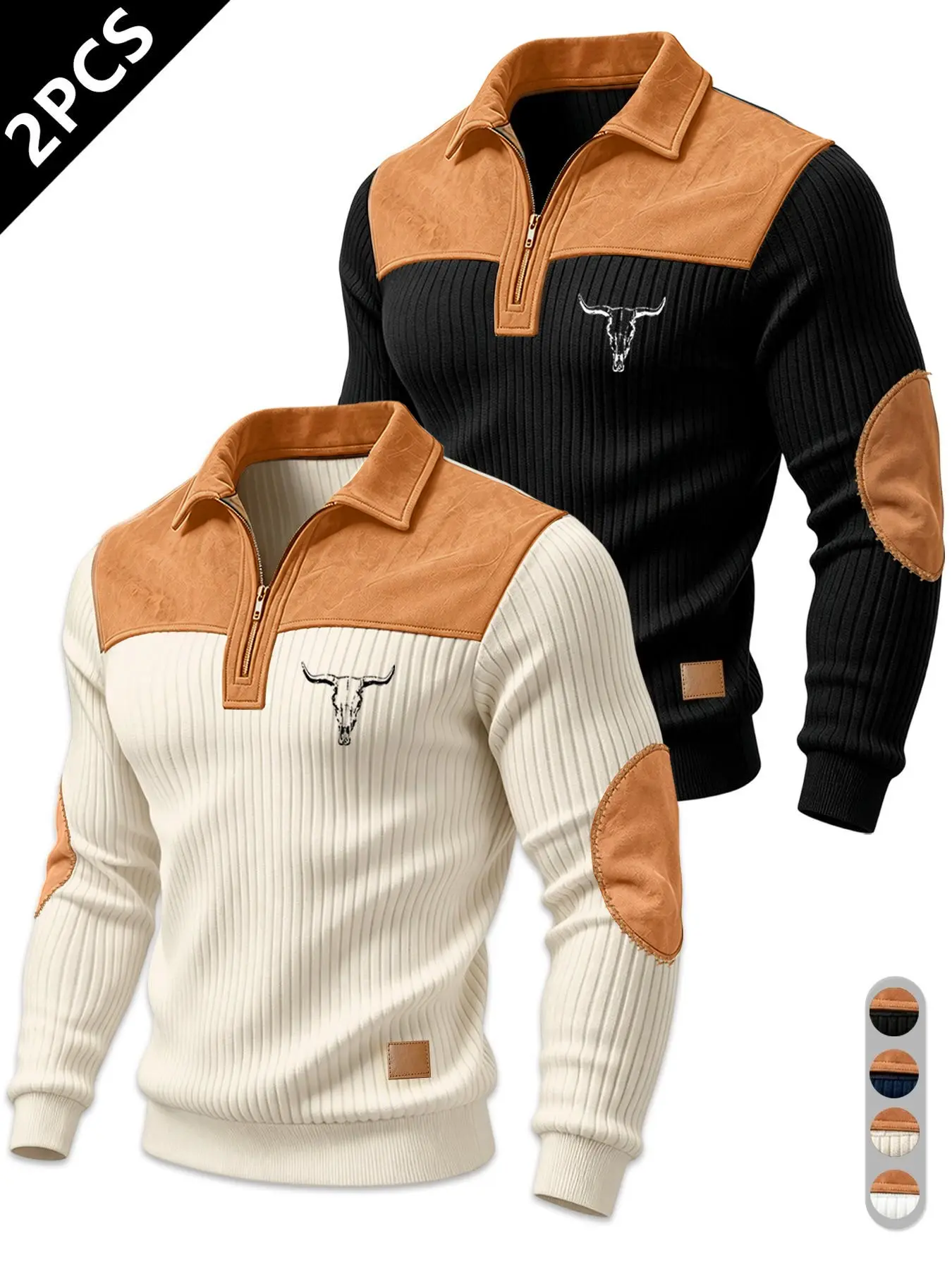 Men's Half-Zip Polo Knit Top, Suede Texture Shoulder & Elbow, Bull Head Print, Vertical Ribbed Fabric, Slim Fit, Retro American Style, Casual