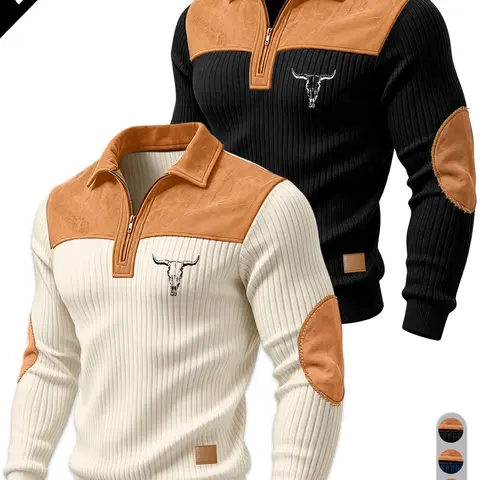 Men's Half-Zip Polo Knit Top, Suede Texture Shoulder & Elbow, Bull Head Print, Vertical Ribbed Fabric, Slim Fit, Retro American Style, Casual