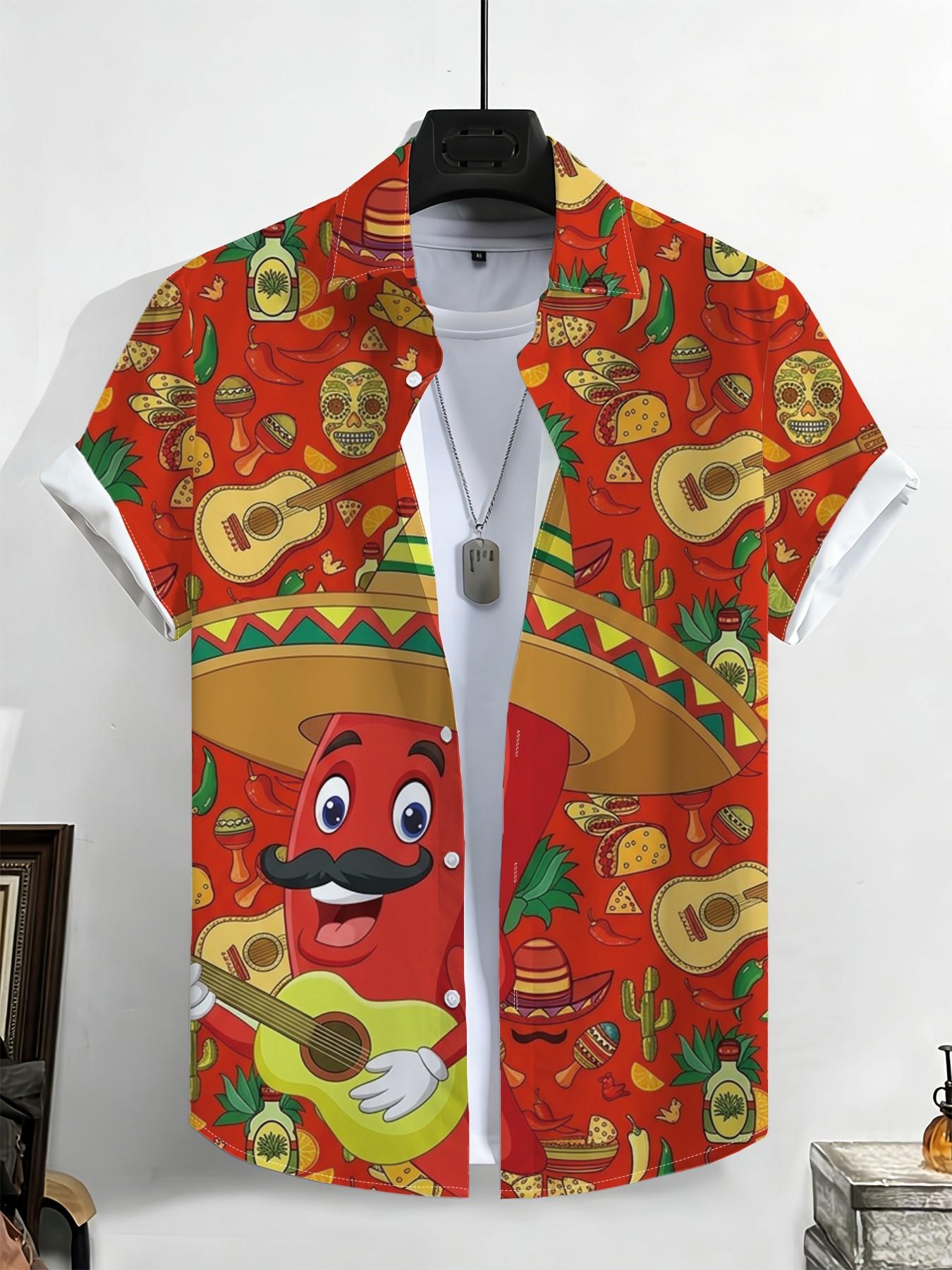 New Summer Men's Short Sleeve Shirt, Mexican Chili Cartoon Print, Casual Breathable Beach Vacation Hawaiian Shirt, Slim-Fitting