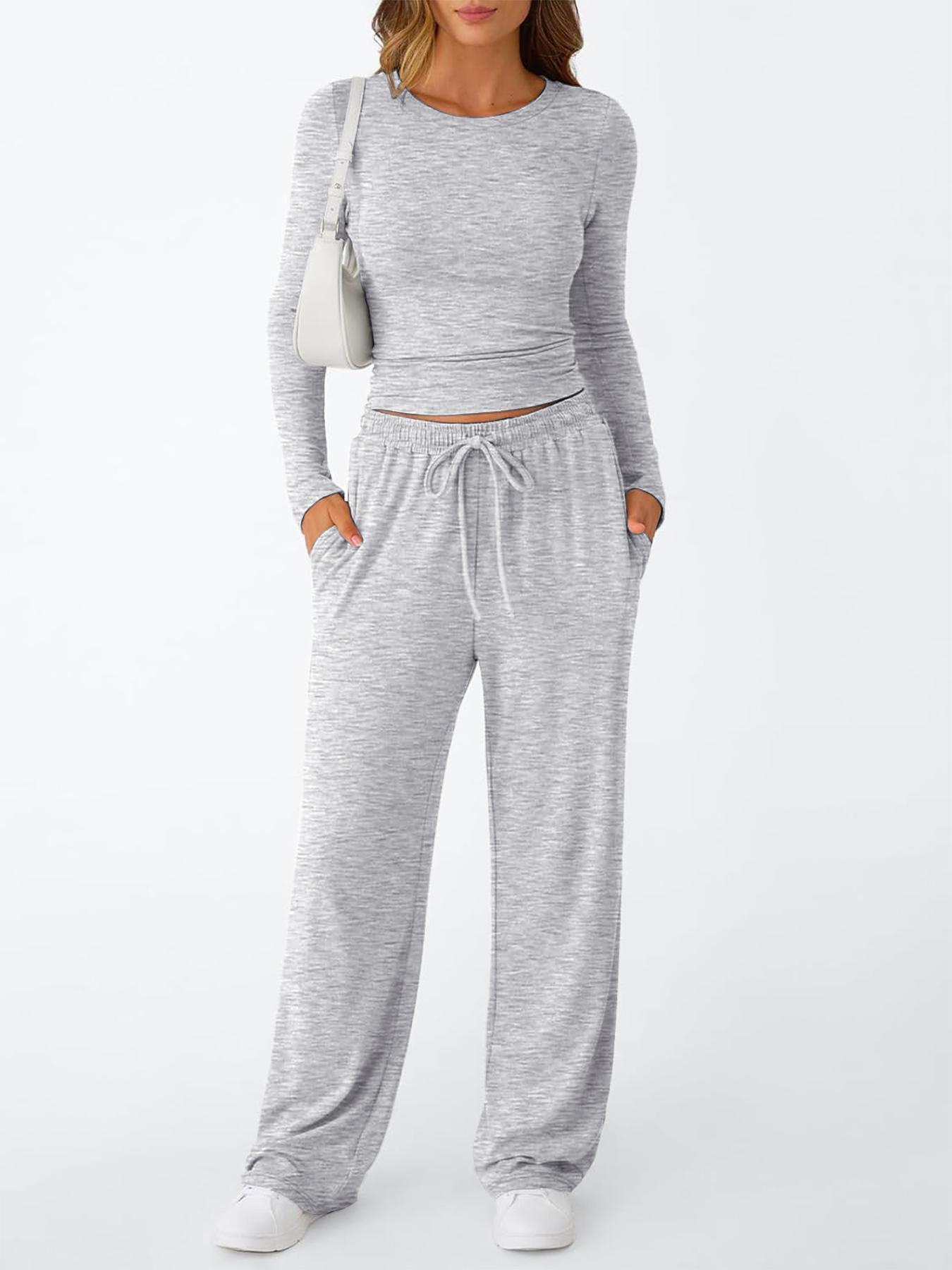 Women's 2 Piece Matching Lounge Set, Long Sleeve Slightly Cropped Top & Wide-Leg Pants, Casual Sweatsuit for Comfortable Wear