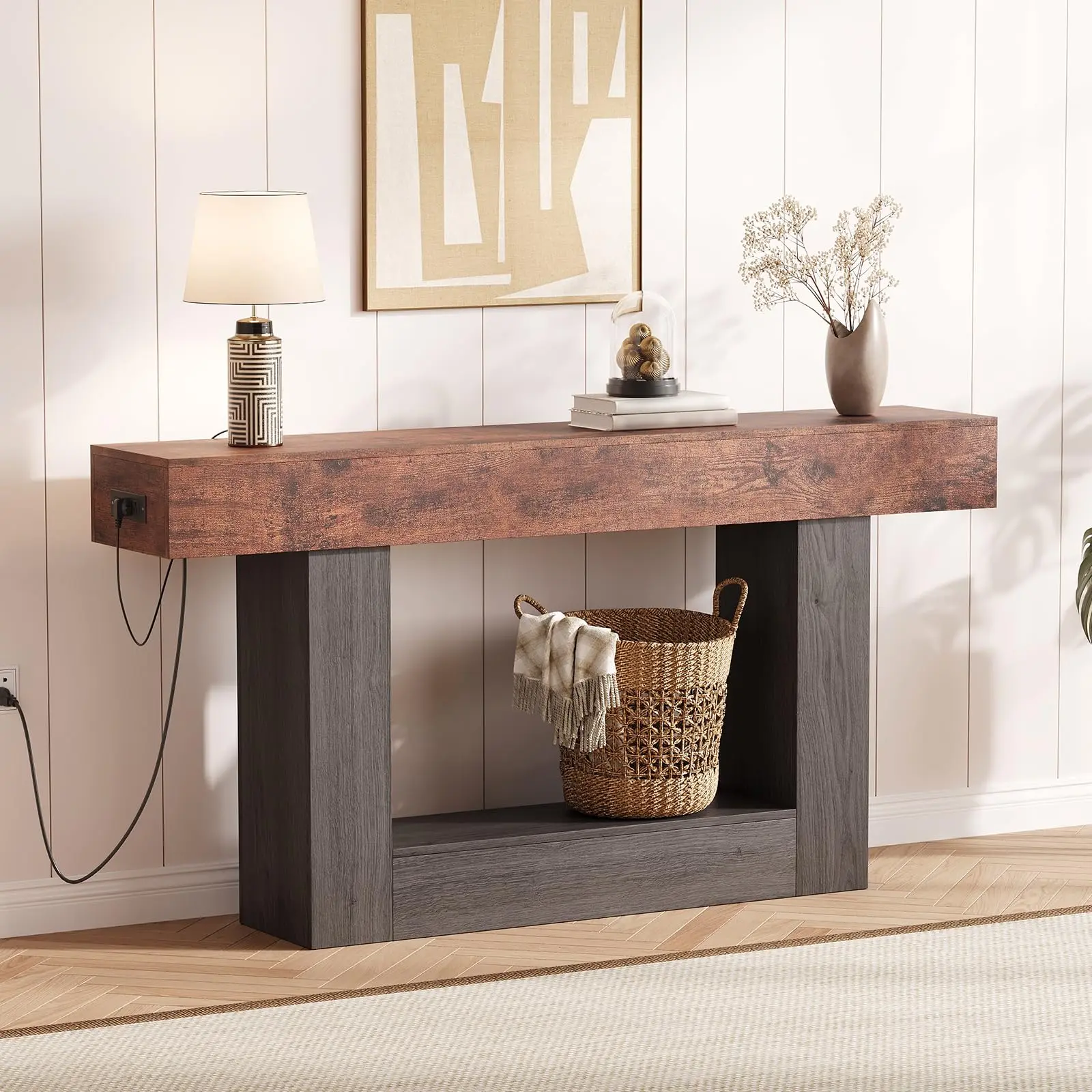 63 Inch Long Console Table with Charging Station