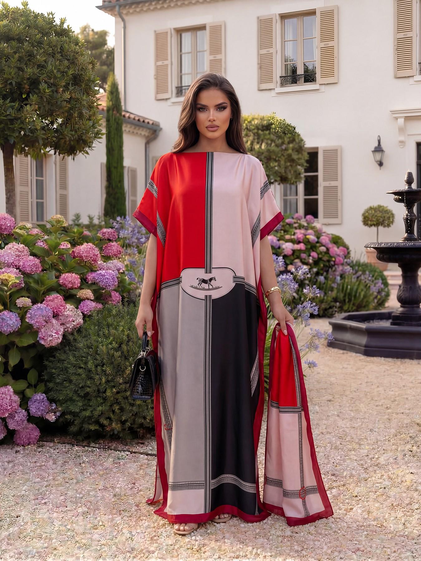 Women's Luxury Equestrian Style Silk Robe Set, Long Cape Dress + Scarf Headband, Beach Outdoor Sun Protection, All Seasons Chic Fashion