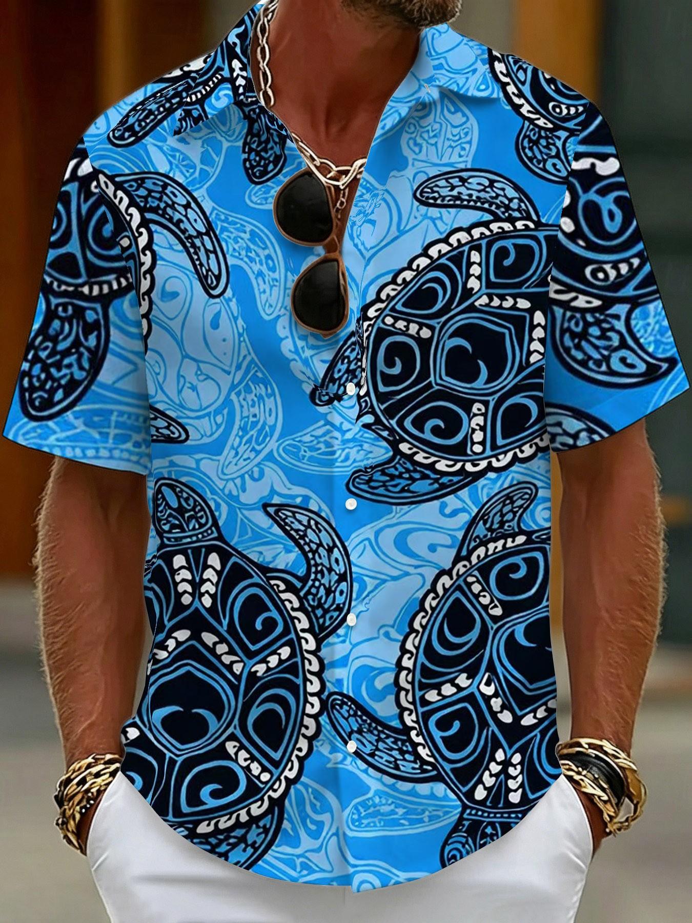 Men's Hawaiian Tropical Vacation Short Sleeve Collared Casual Shirt, Hawaiian Tropical Patterns, Blue Bottom Tribe Totem Turtle Print, Menswear