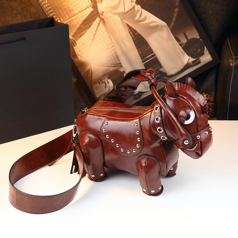Unique Design Small Horse Bag for Women, Personalized Studs Fringe Animal Purse, Vintage Punk Style Handbag Shoulder Bag