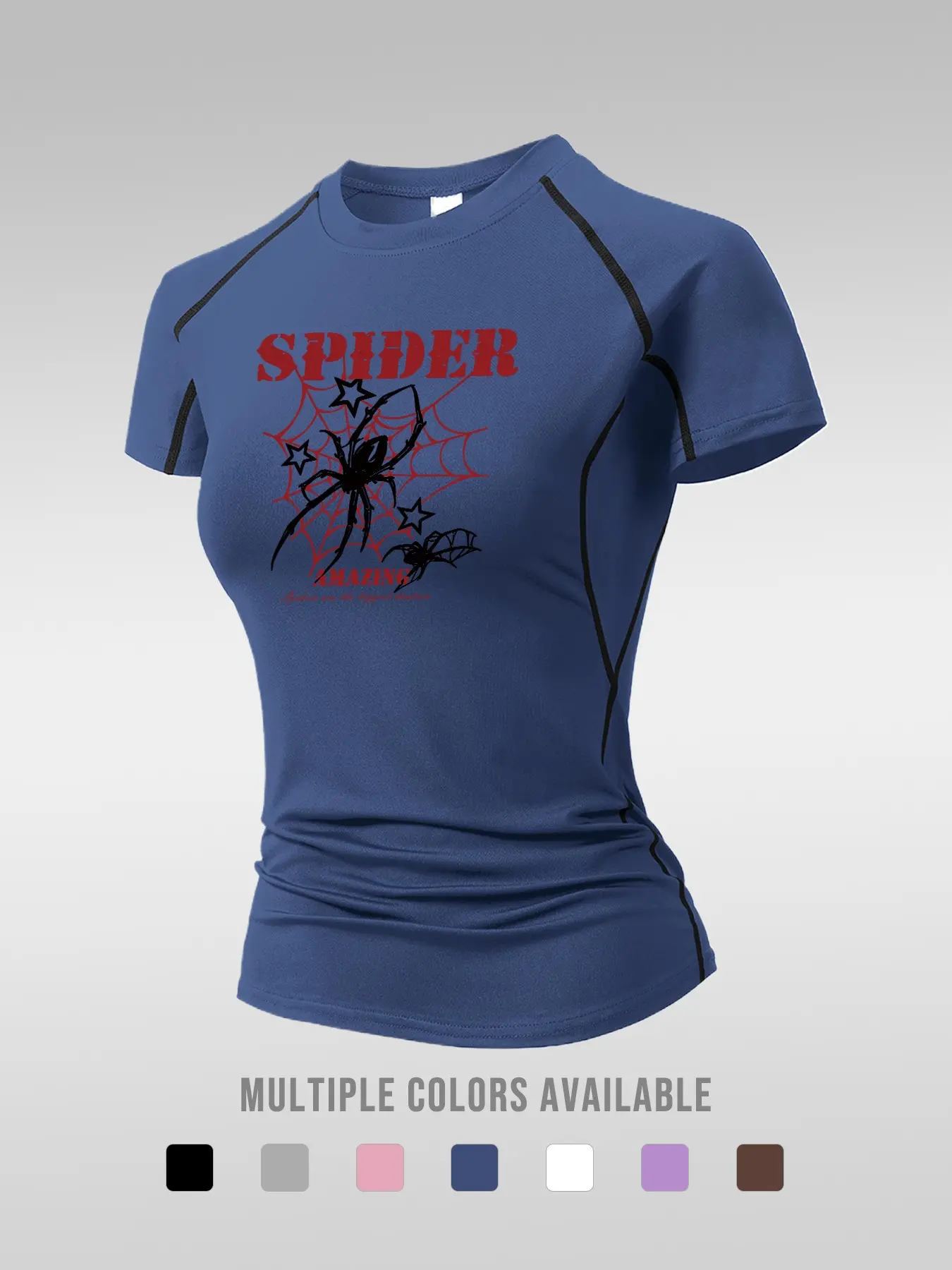 Spider Print Y2K Fashion Women's Short Sleeve Sporty Top, Summer Quick-Dry Breathable Stretch Tight Fit Workout Shirt, Yoga Running Fitness Training Gear