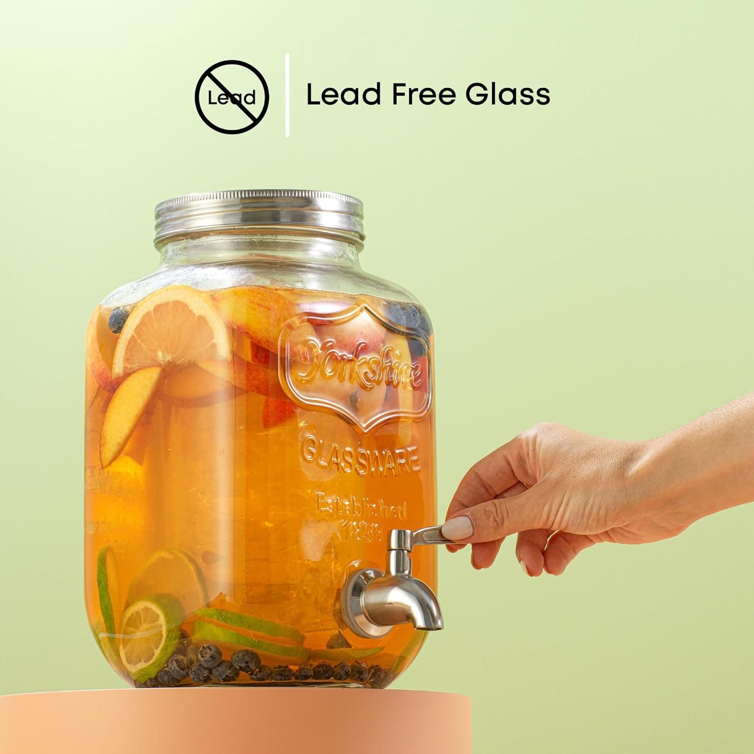 1-Gallon Drink Dispenser. Glass Beverage Dispenser with Stainless steel Spigot plus Ice Cylinder and Fruit Infuser! Water Dispenser, Lemonade Stand, Juice Container - Drink Dispensers for Parties, Gallon Glass Pitcher With Lid, Glass Jug