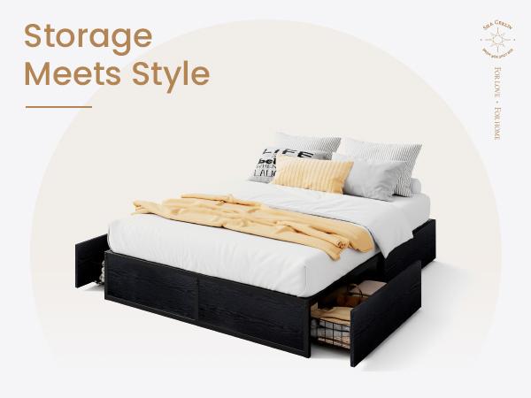 SHA CERLIN Full Size/Queen Bed Frame - Full Platform Design, Rustic Wood & Metal Build, 2 Large Storage Drawers, Noise-Free, No Box Spring Needed, Black/Brown Summervibes Father's Day Gift, Full Size Bed