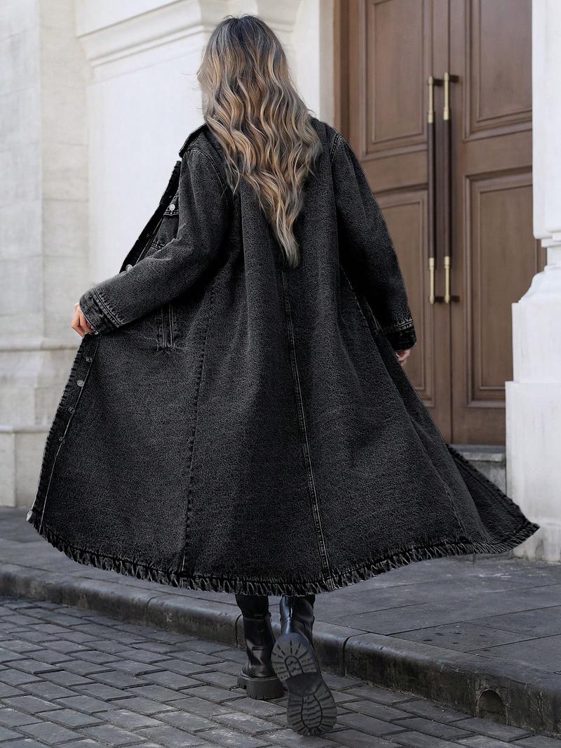 Women's Button Front Denim Coat, Elegant Casual Long Sleeve Outerwear for Spring & Fall, Women's Clothing for Daily Wear