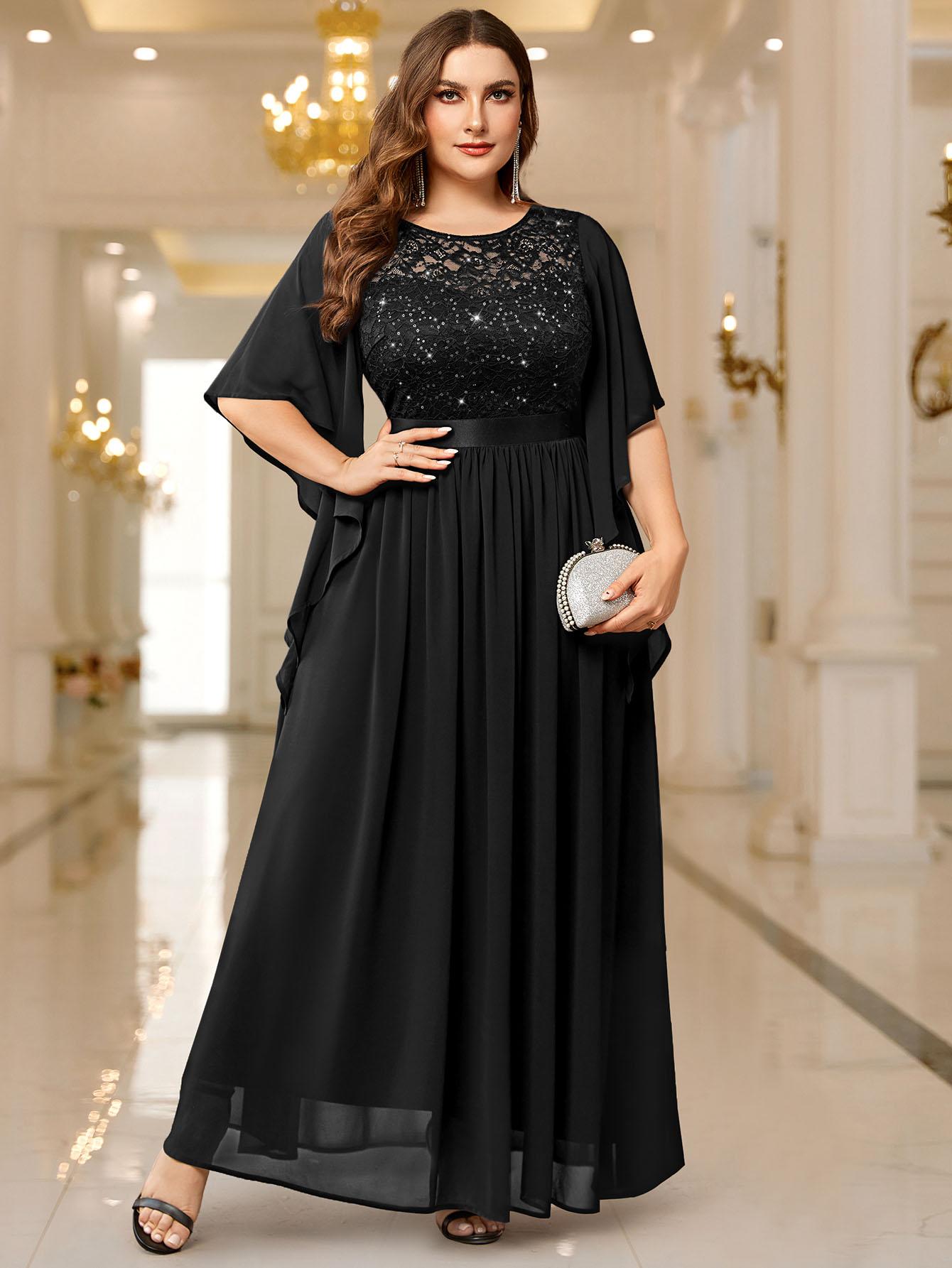 Miusol P83099 Plus Size Women's Sequin Floral Lace Chiffon Flare Sleeve Formal Dress Elegant Evening Gown All Seasons Party dress,Evening dress Normal Type  Womenswear Maxi Dress SpringStatements