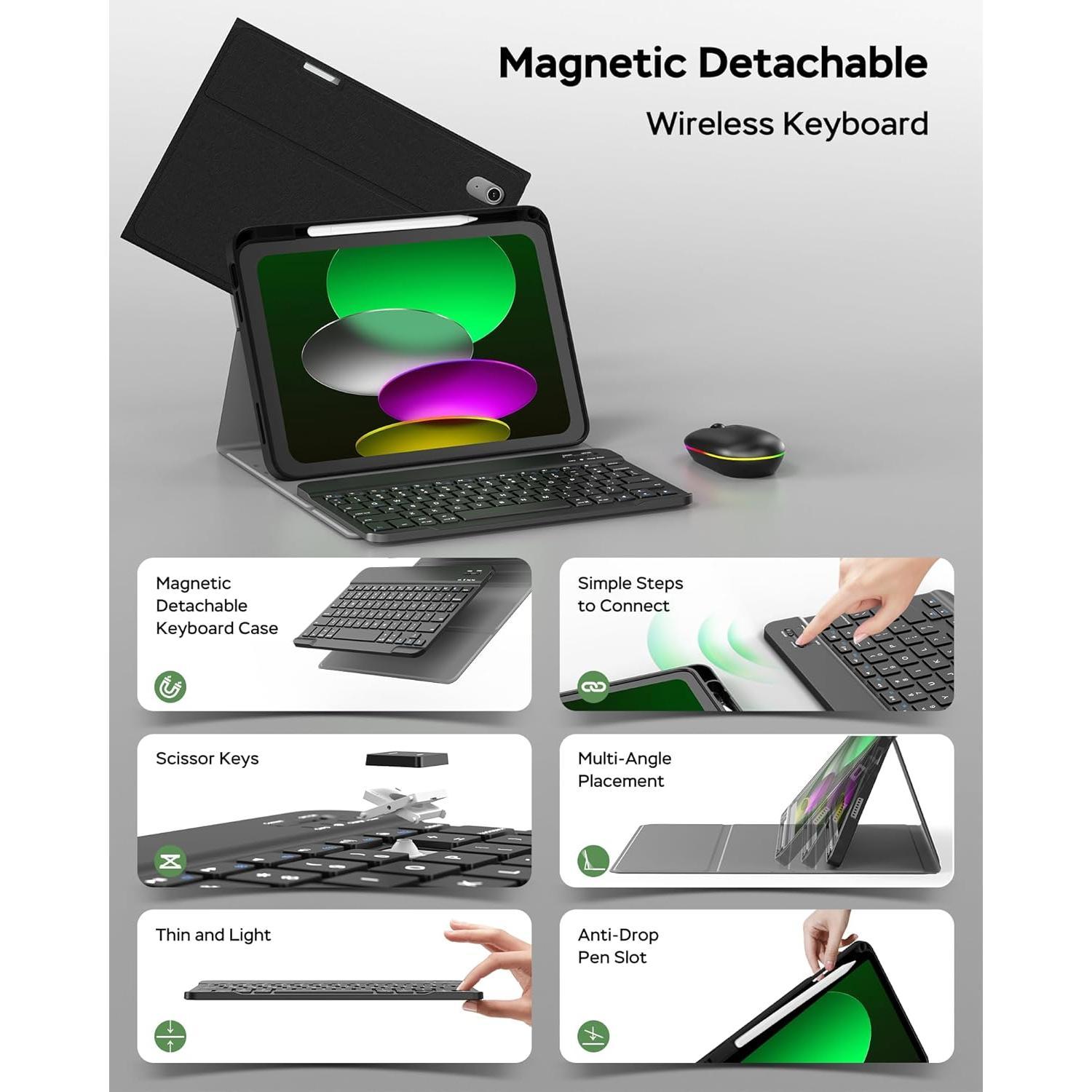 for ipad A16 Case with Keyboard and , Stand Folio Cover with Pencil Holder for 11th Gen 2025 11 inch/10th Gen 2022 10.9 inch,  Detachable  Keyboard with , Black