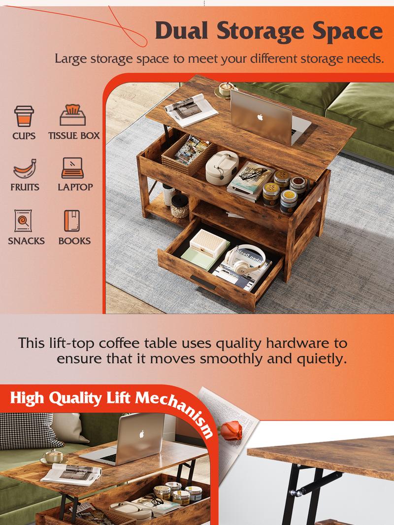 WLIVE Lift Top Coffee Table with Hidden Compartment, Storage Drawers and Storage Shelf for Living Room and Reception Room