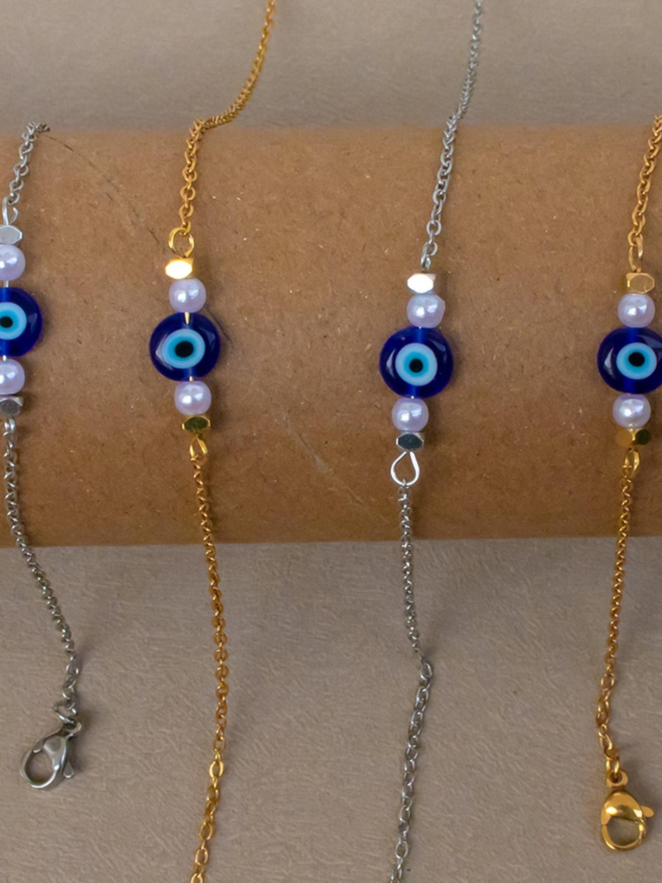 Stainless Steel Devil Eye Jewelry Set, Summer Simple Pearl Glass Eyes Necklace Bracelet, Elegant Fashion Accessory