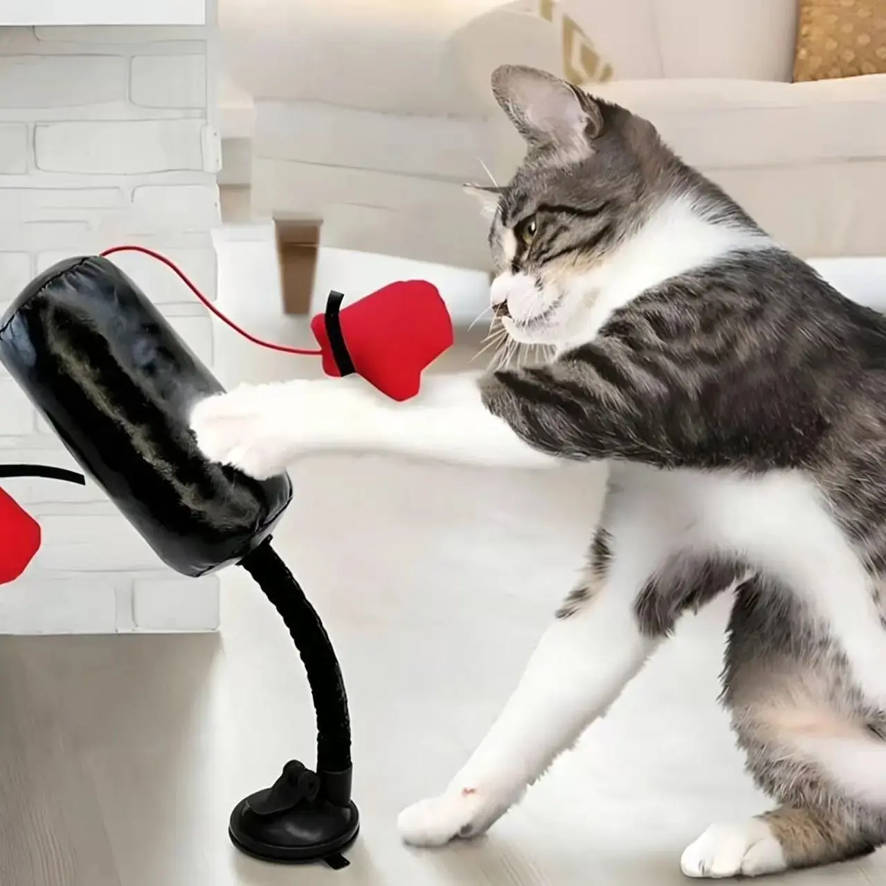 Indoor Cat Punching Post Toy｜Vertical Cat Boxer Teaser with Suction Cup Base, Interactive Self-Play Toy, Red