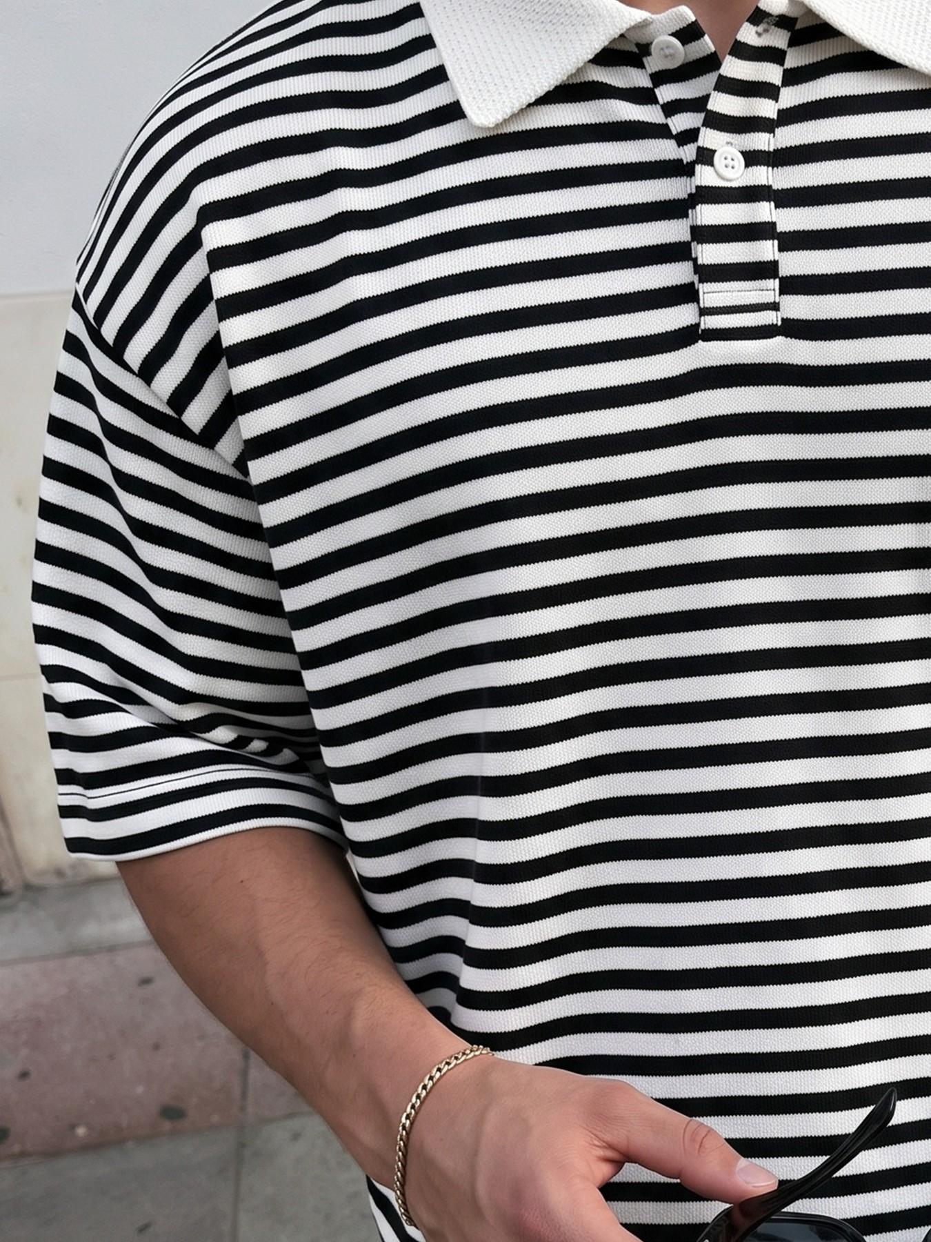 Men's and Striped Short Sleeve Polo Shirt, Contrast Collar Button Down Casual Top, Loose-Fitting Unlined Design