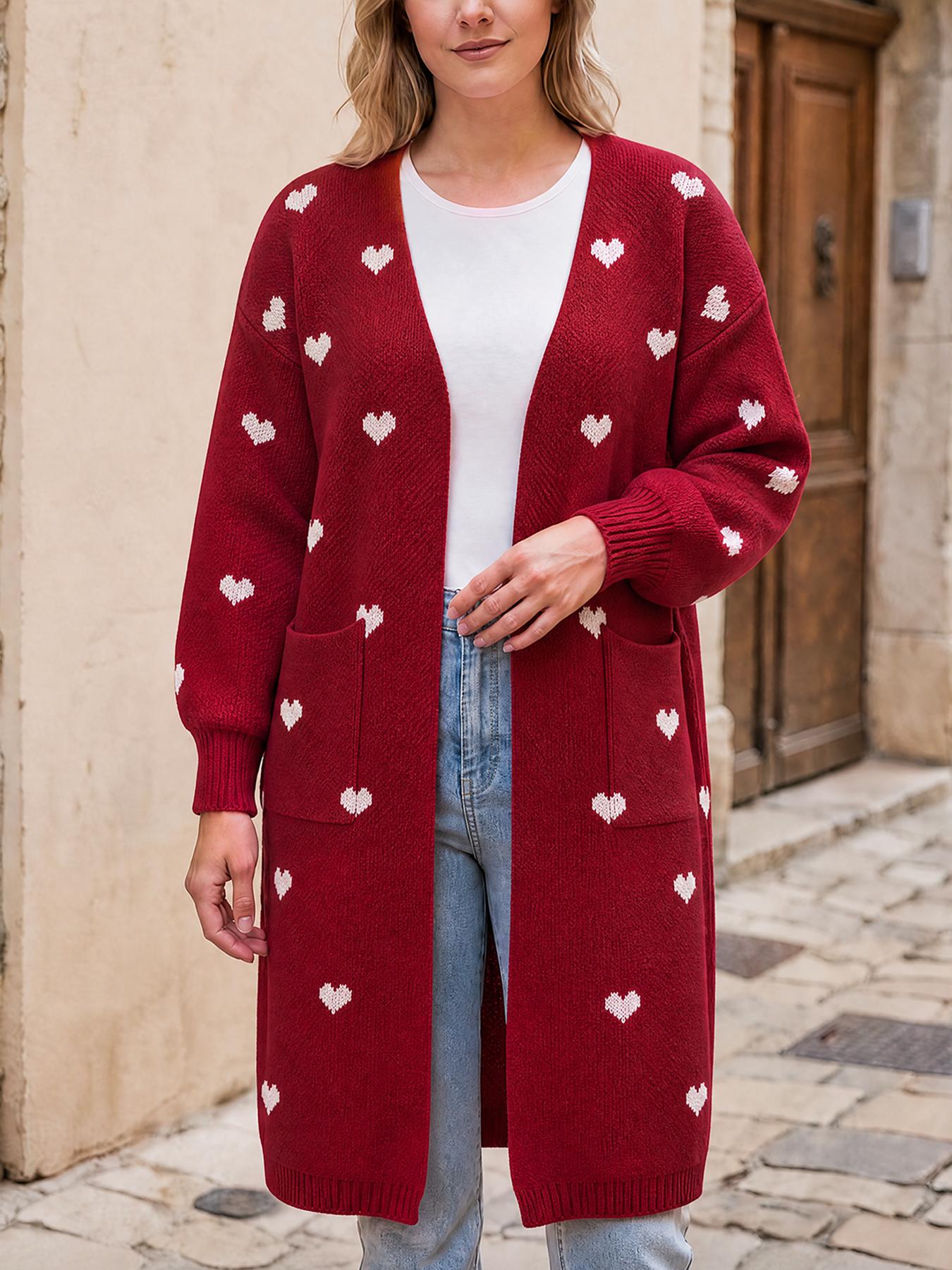 Women Heart Print Long Knit Cardigan, Open Front Pocket Long Sleeve Loose Sweater Coat, Fall Winter Casual Outerwear for Daily Shopping Dating Home Outings, Knitwear