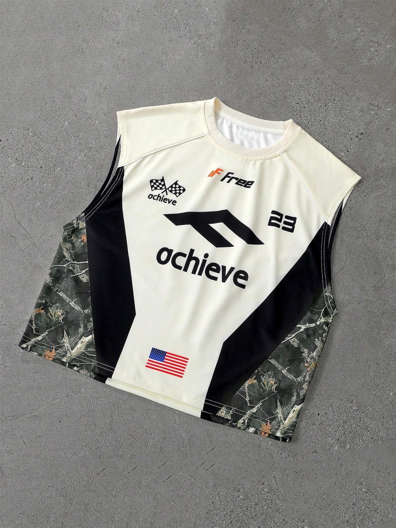 Y2K Racing Sleeveless Top, Camo Patchwork Streetwear, 23 Number American Flag Pattern, Men's Vintage Motorcycle Sweatshirt