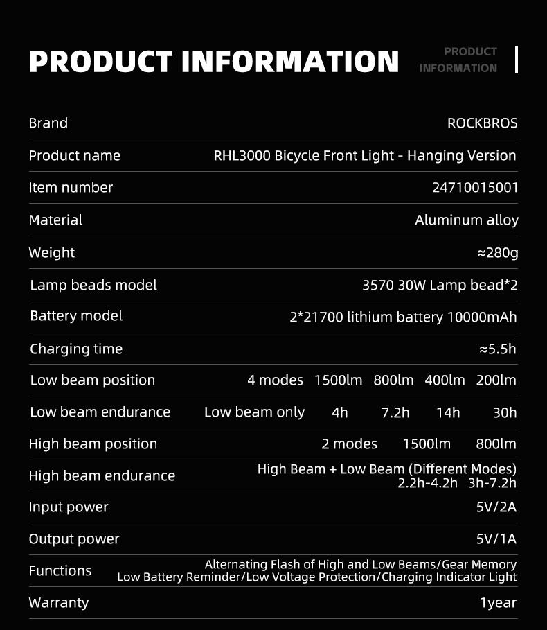 ROCKBROS 3000 Lumens USB-C Bike Light with 10000mAh Battery