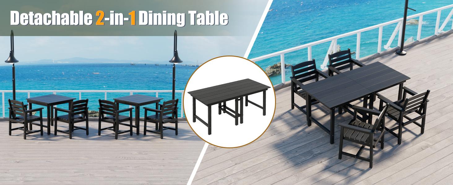 ANBUY Patio HDPE Dining Table Set 7-Piece Outdoor Furniture 2 in 1 Table & 6 Chairs for Garden Backyard Poolside Durable All-Weather Design Easy Assembly