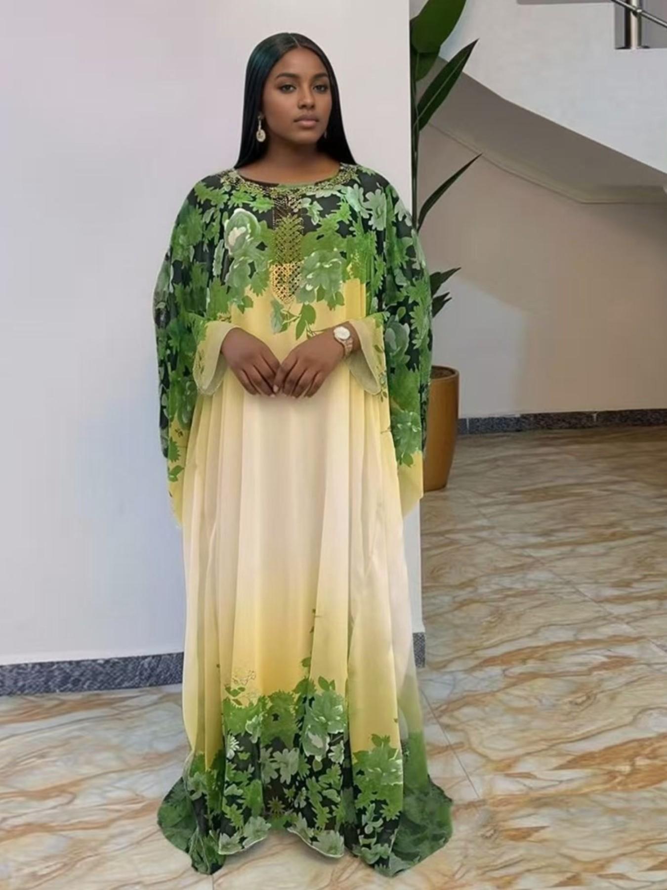 African Style Boho Gradient Print Chiffon Two-Piece Dress, Loose Fit Batwing Sleeve Long Gown, Muslim Commute Vacation Slimming Robe African Dress For Women With Headscarf, Classy Modest Dresses