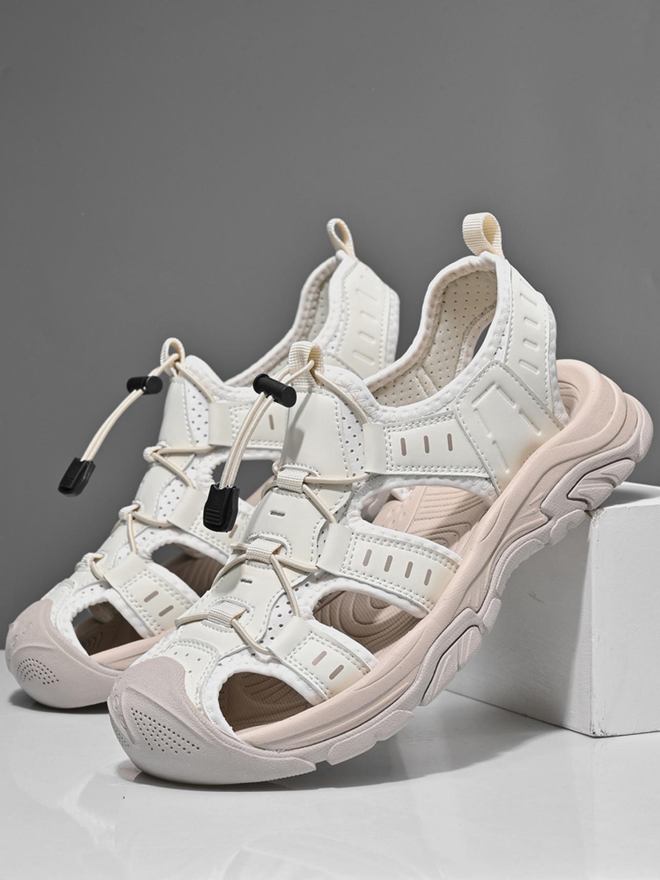 Men's Black and White Drawstring Closed-Toe Outdoor Sandals Thick-Soled Non-Slip Hollow-Out Water Shoes Breathable Durable Beach Hiking Shoes