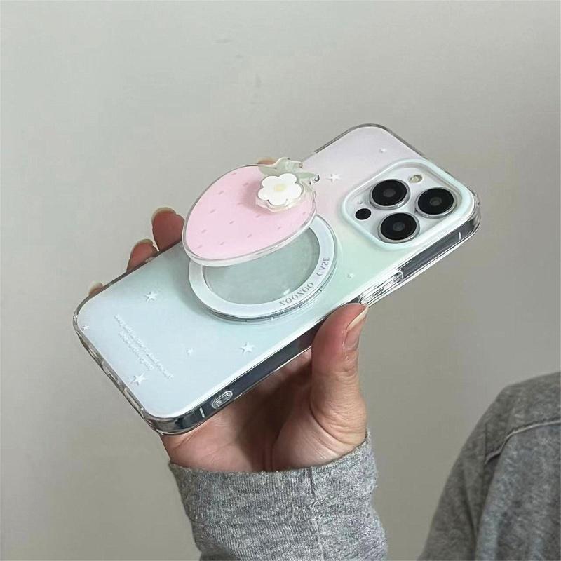 Korean Strawberry Circular MagSafe Griptok Cell Phone Holder - Rotatable Ring Stand, MagSafe Attachment, Mobile Accessory for iPhone 15 Wireless Charging Case