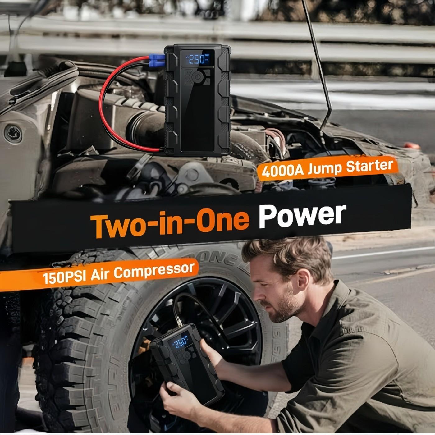 Anqva 4000A Jump Starter with 150PSI Air Compressor, 12V Car Battery Booster,  Fast Charge, 44.4Wh Portable Tire Inflator, LED Display for 10L Gas & 10L Diesel Engines, LED Light, Jumper Cables
