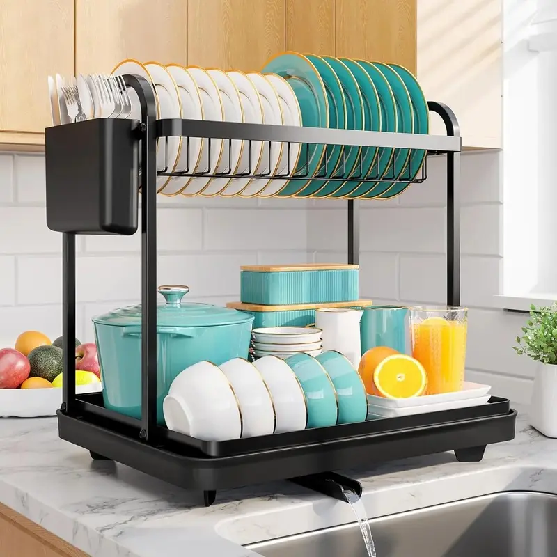 2-Tier Durable Stainless Steel Dish Rack - Counter-Self-Draining Kitchen Storage Organizer