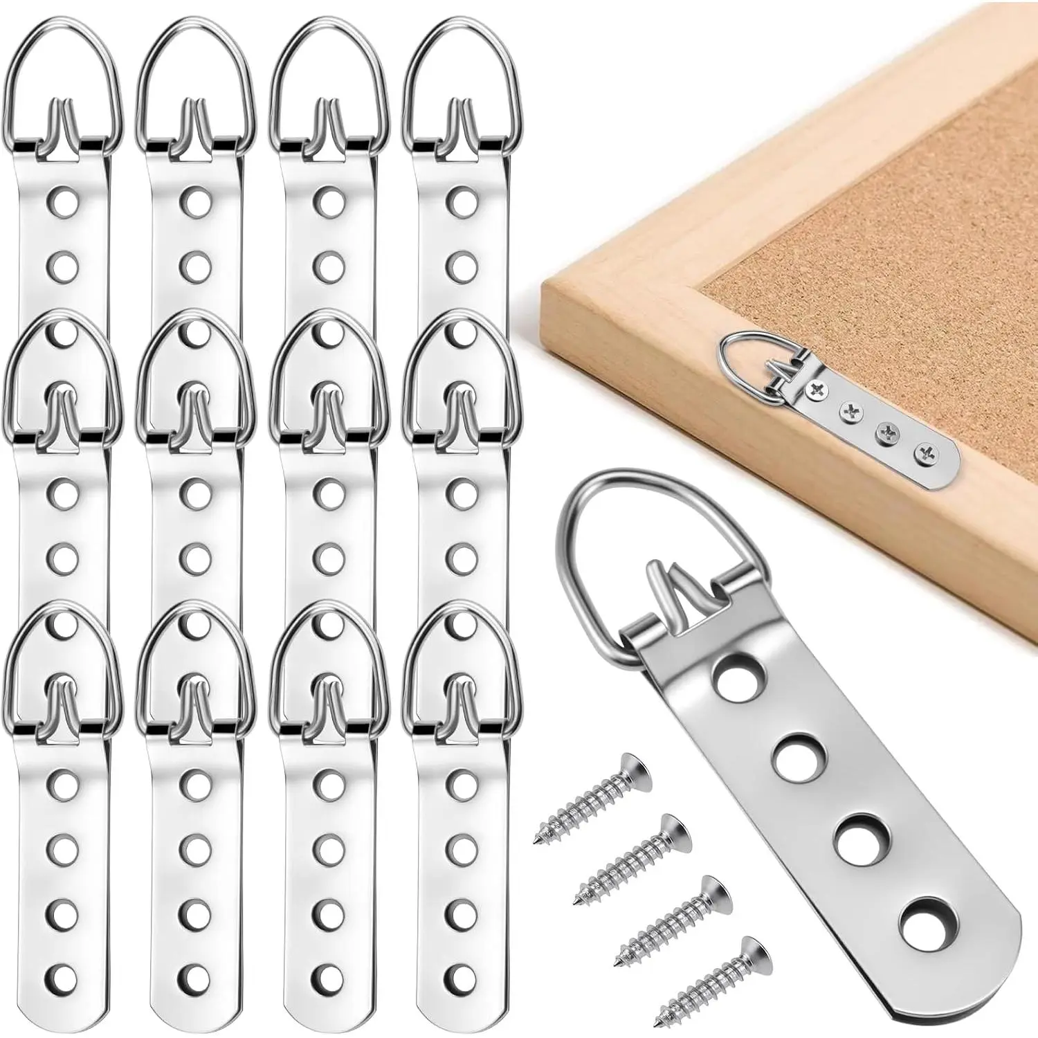 12 count D Ring Picture Hangers,  4-Hole with 48 Screws | Heavy Duty Strap Hangers Wall  Hardware for Mirrors, Photo Frames & Artworks