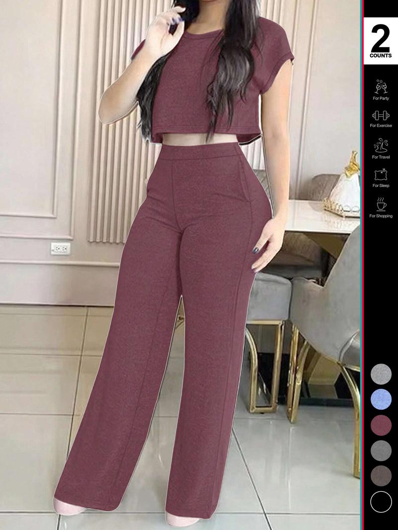 Women's Casual Elegant Solid Color Set, 2-Piece Daily Wear Clothes with Pockets, Comfortable & Stylish Design
