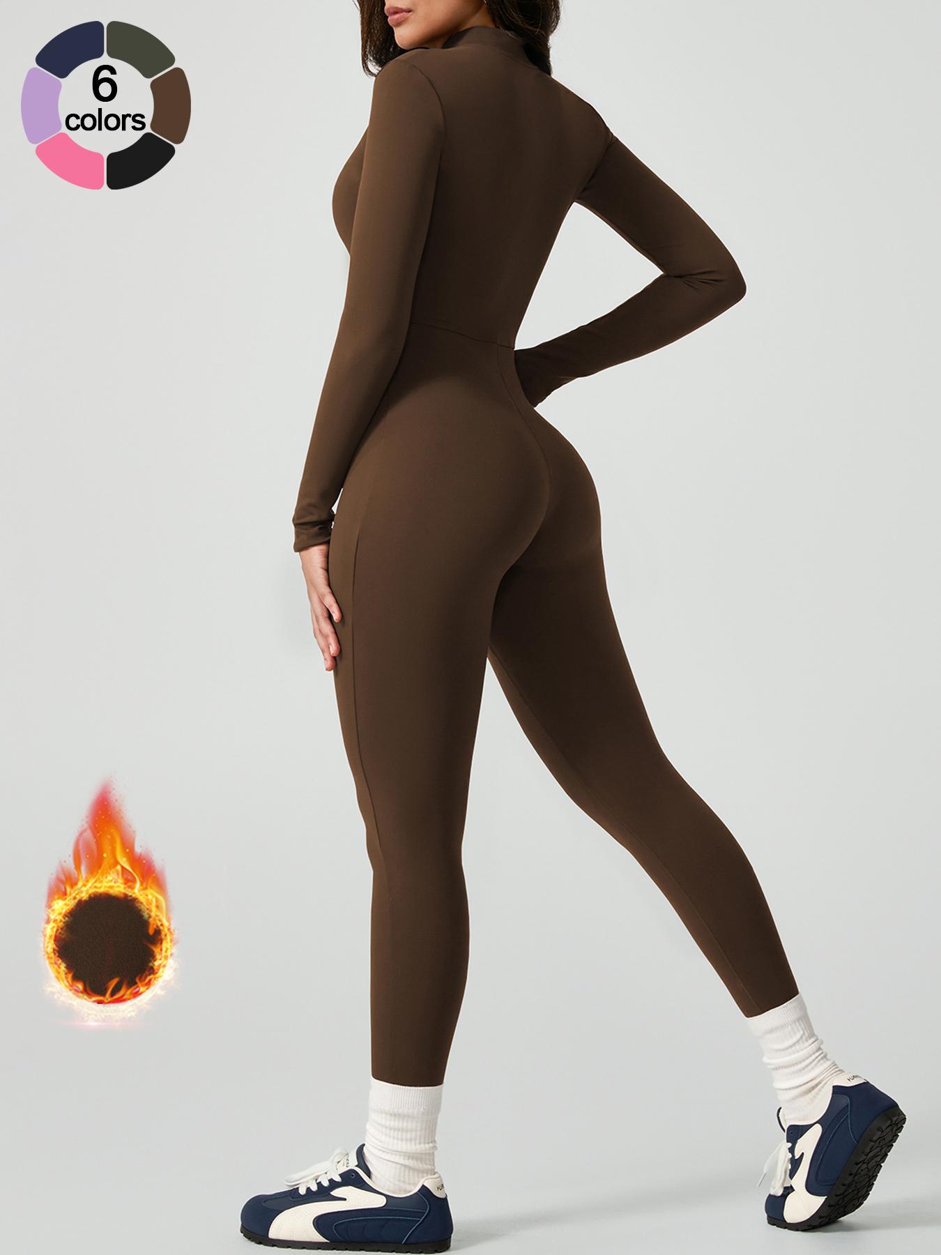 Women's Sporty Tight-Fit Long Sleeve Workout Jumpsuit, Plain Pattern, Fleece Lined, Half-Zipper Design, Fall & Winter Yoga Gym