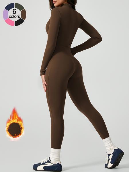 Women's Sporty Tight-Fit Long Sleeve Workout Jumpsuit, Plain Pattern, Fleece Lined, Half-Zipper Design, Fall & Winter Yoga Gym