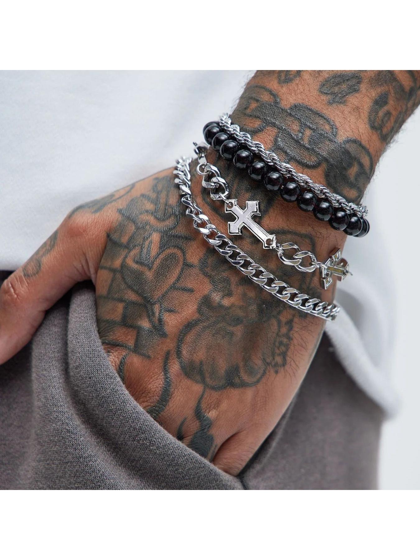 Stylish Dark Series Cross Charm Bead Bracelets 4 Packs Minimalist Layering Bracelet Set Premium Stainless Steel Unisex Holiday Gift Idea