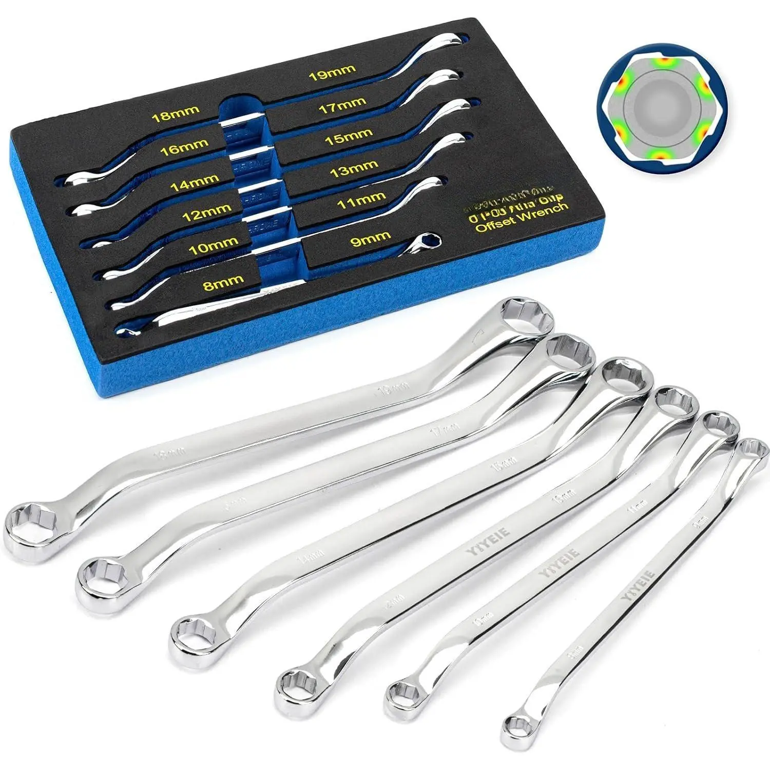 6 count. Bolt Extractor Wrench Set, Metric 8-19mm, 6 Point Box End Wrench Set with 45° Offset, CR-V Steel, Stripped & Rounded Bolt Remover Wrench with EVA