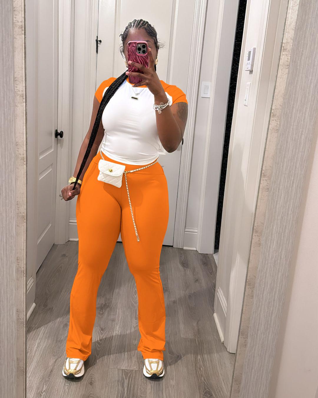 USBoutique Chic Women's Colorblock Top & Pants Two-piece Set Crew Neck Casual Fashion Fitted Cozy Breathable Outfits for Daily Outdoor Wear Ladies Summer Clothes Matching Trouser Set for Gym & Casual Wear