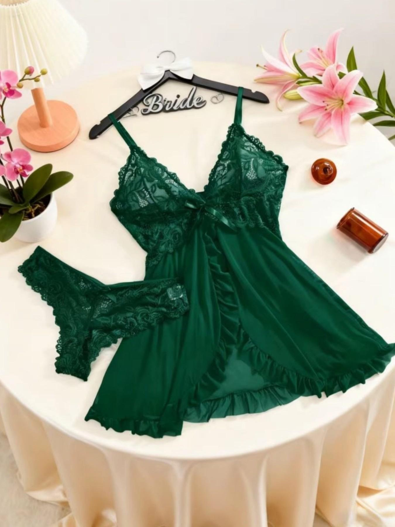 1 Count Ladies' Sexy Ruffle Trim Cami Nightdress & Bow Decor Panty Sets, Comfortable Playful Floral LaceSee Through Sleepwear Set, Sexy Slim-fit Spaghetti Strap Dress& Thong Set, Comfy Pj Set, Suitable For Holiday&Valentine's Day