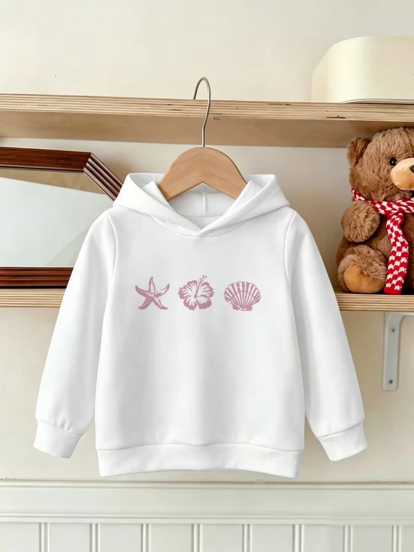 Korean Style Ocean Theme Kids Hoodie, Cute Cozy Sweatshirt, Hand-Drawn Starfish Shell Hibiscus Pattern, Flower Hoodies, Loose-Fit Long Sleeve Jacket for Girls, Spring & Fall Clothing