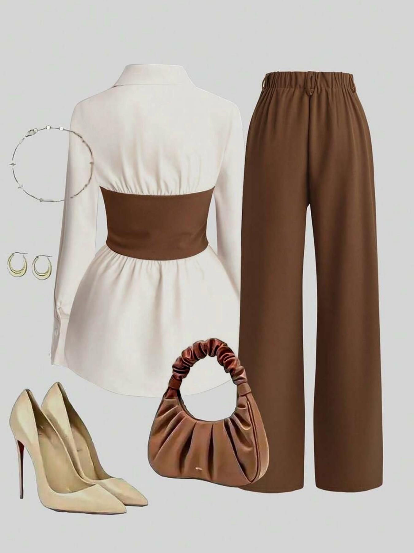 Women's Fall Winter Slimming Belted Colorblock Collar Blouse Set, Asymmetric Hem Design, Casual Daily Commute Two-Piece, Multiple Colors Available
