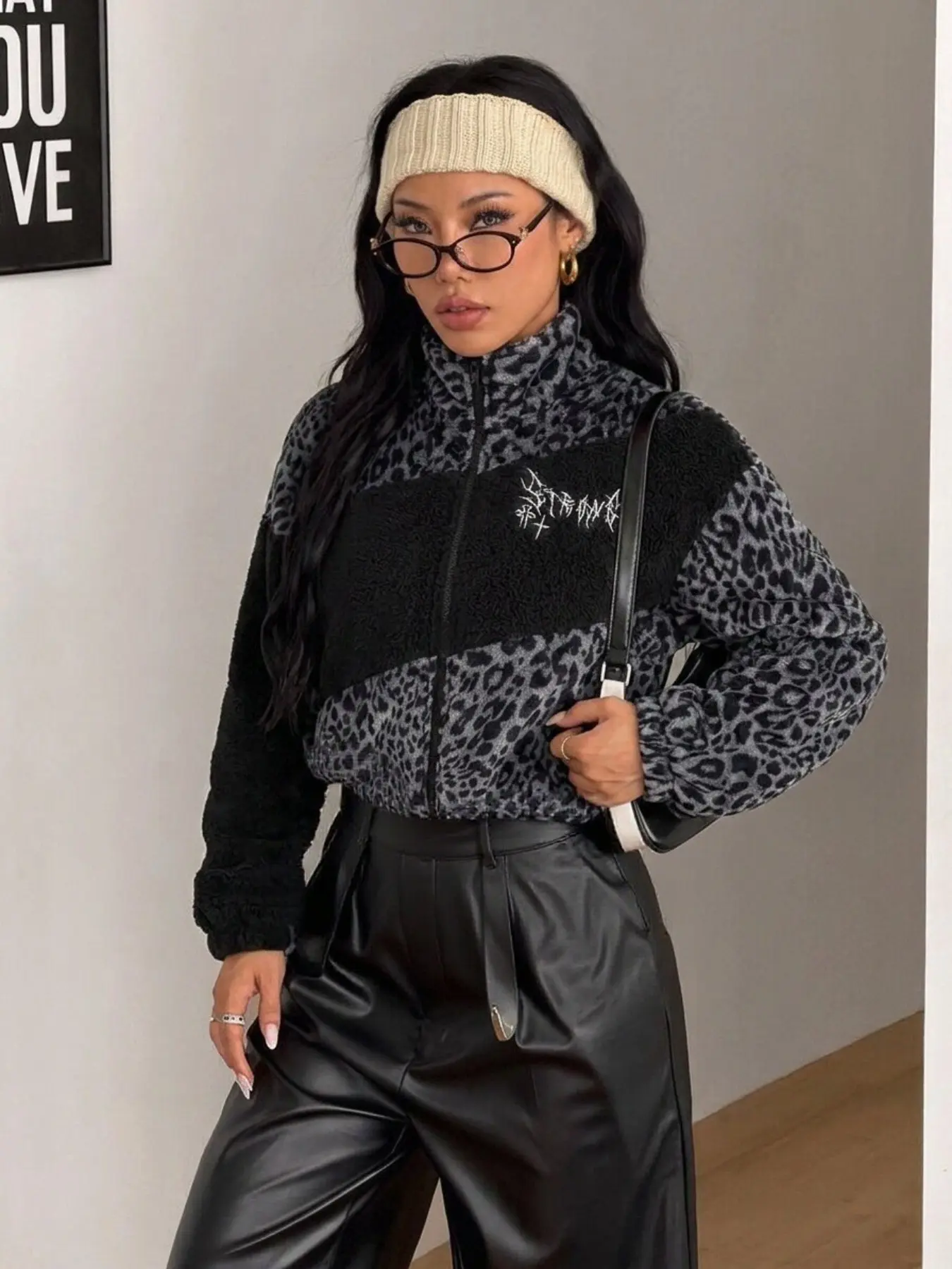 Women Grey Black Leopard Print Patchwork Teddy Fleece Stand Collar Full Zip Jacket Gothic Thorn Cross Embroidery Long Sleeve Cropped Loose Fit Soft Plush Fabric Streetwear Dark Y2K Edgy Casual Outerwear Fall Winter Ladies Fashion Apparel Oversized