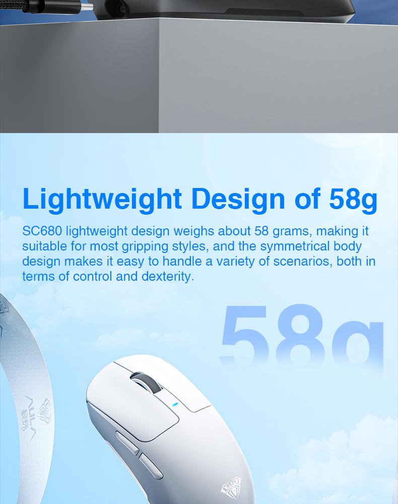 AULA SC680 Wireless Gaming Mouse, Tri-Mode 2.4G/BT5.0/USB-C Gaming Mouse, 10000 DPI Rechargeable Wireless Mouse, Gaming Mouse with 6 Programmable Buttons and Summer Anti-Slip Stickers, Office Desktop Laptop Accessories Ergonomic Mechanical Keyboard