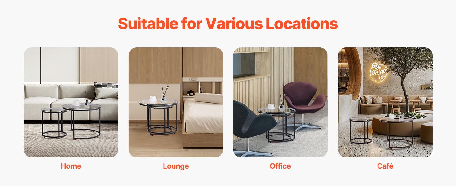 VEVOR Nesting Coffee Table Set of 2, 23.6 in Round Coffee Table, Glass Nesting Tables for Small Place, Modern End Side Tables Night Stand with Metal Frame, for Living Room, Bedroom, Balcony, Office