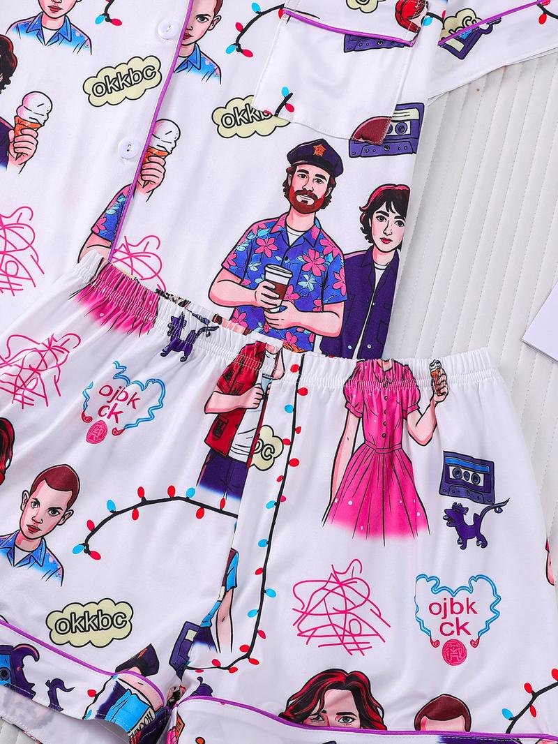 2-Piece 80s Retro Character Print Pajama Set Loungewear - Retro TV Series Themed Short-Sleeve Pants (Button-Up Collar + Elastic Waist) - Suitable for Adults at Home / TV Binge-Watching