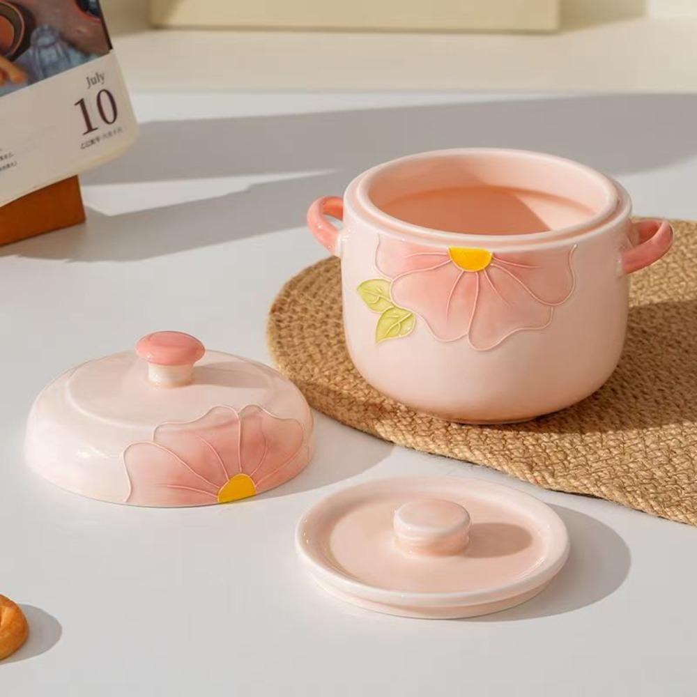 Cherry Blossom Pattern Ceramic Covered Steamer Pot, Food Steamer, 600ML Capacity, Elegant Dual Lid Soup Bowl, Ideal Gift for Kitchen and Restaurants