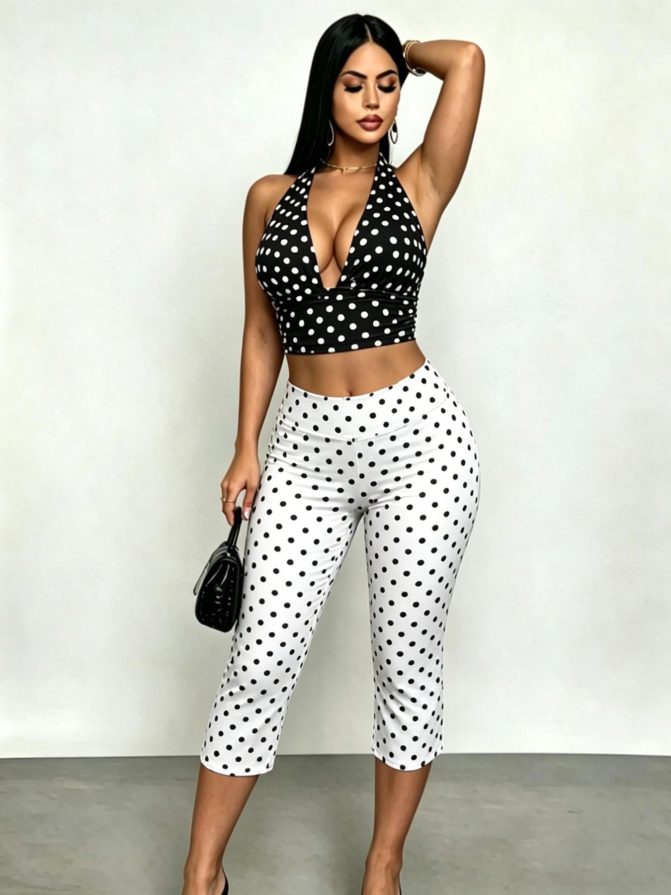 Tiktok Viral 2026 Women's 2 Pack Polka Dot Set, Halter Neck Deep V Crop Top & High Waisted Capri Leggings, Y2K Retro Streetwear, Outfit, Stretchy
