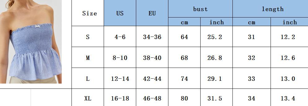 GGFL Women's Blue & White Stripe Smocked Tube Top, Strapless Ruffle Hem Peplum Crop Top for Summer.Elegant Light Blue Stripe Smocked Strapless Top, Shirred Ruffle Hem Peplum Crop Top for Daily Wear