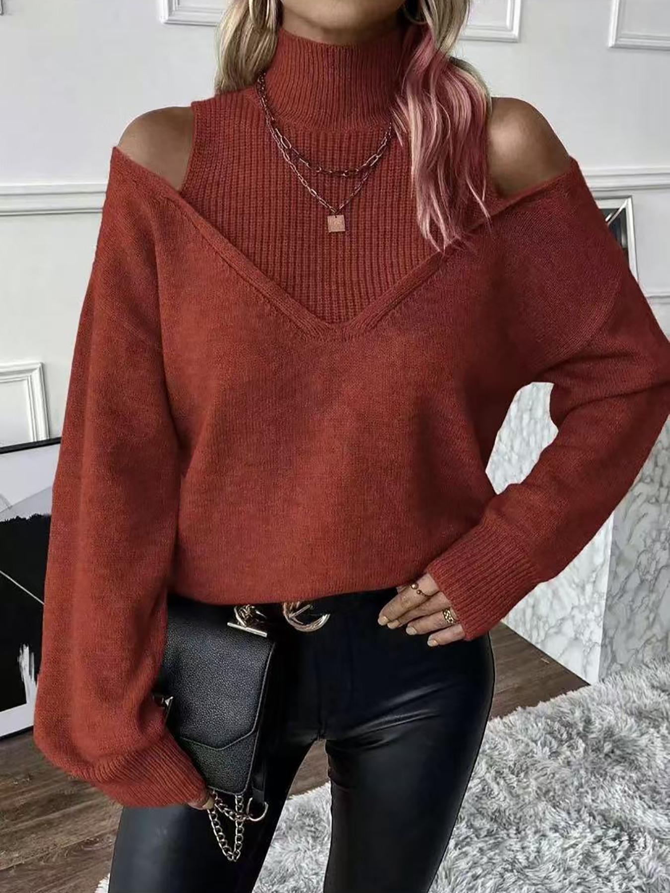 Autumn Winter New Pure Color Loose Simple Fashion Knit Off-Shoulder Long Sleeve High Neck Sweater, Soft Comfortable Elegant Casual Top Womenswear
