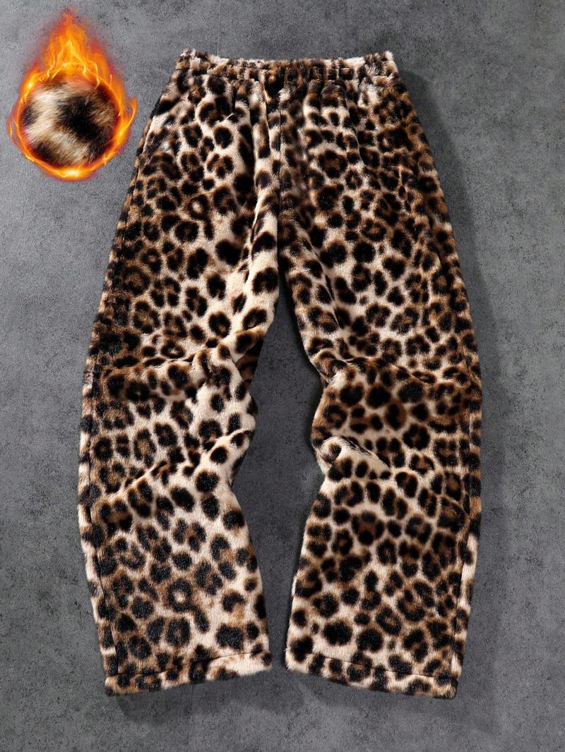 Unisex Leopard Camo Fleece Wide Leg Pants, Soft Rabbit Fur Fabric, Fall & Winter Warm Comfort, Street Hip Hop Style, Daily Wear Unisex Leopard Camo Fleece Wide Leg Pants, Soft Rabbit Fur Fabric, Fall & Winter Warm Comfort, Street Hip Hop Style, Daily Wear